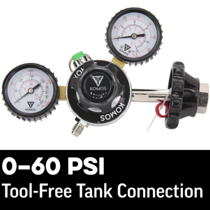 KOMOS® Premium Dual Gauge CO2 Regulator | Tool-Free One-Handed Tank Connection | 0–60 PSI