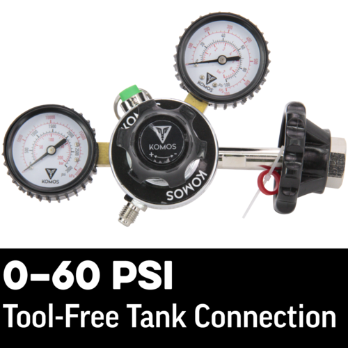 KOMOS® Premium Dual Gauge CO2 Regulator | Tool-Free One-Handed Tank Connection | 0–60 PSI